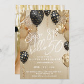 Sip, sipこんにちは50thブラック金ゴールドバルーン誕生日 招待状 (正面/裏面)