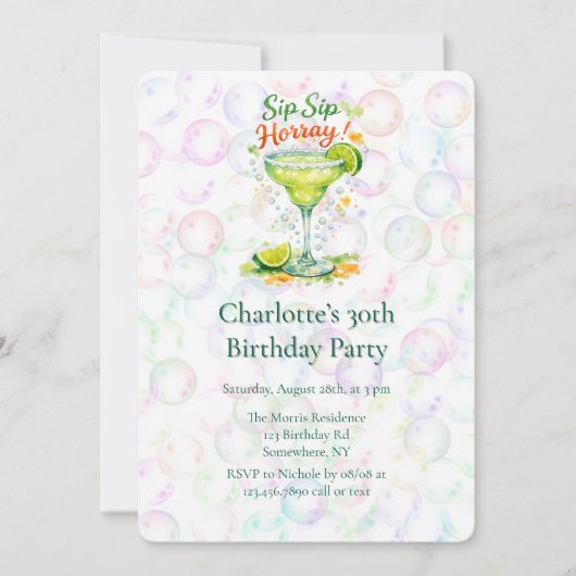 Sip Sip Sip Horray Bubbles Birthday Party 招待状 (正面)