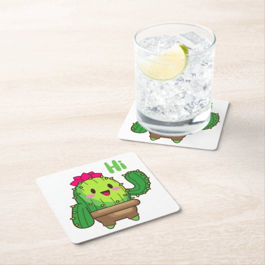 Sip & Smile Coaster – Cactus Says Hi スクエアペーパーコースター (インサイチュ)