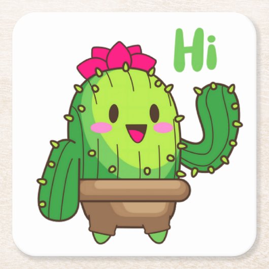 Sip & Smile Coaster – Cactus Says Hi スクエアペーパーコースター (正面)
