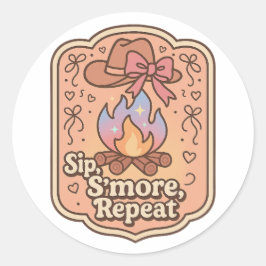 Sip, S'more, Repeat - レトロキャンプバッジ ラウンドシール