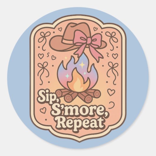 Sip, S'more, Repeat - レトロキャンプバッジ ラウンドシール (正面)