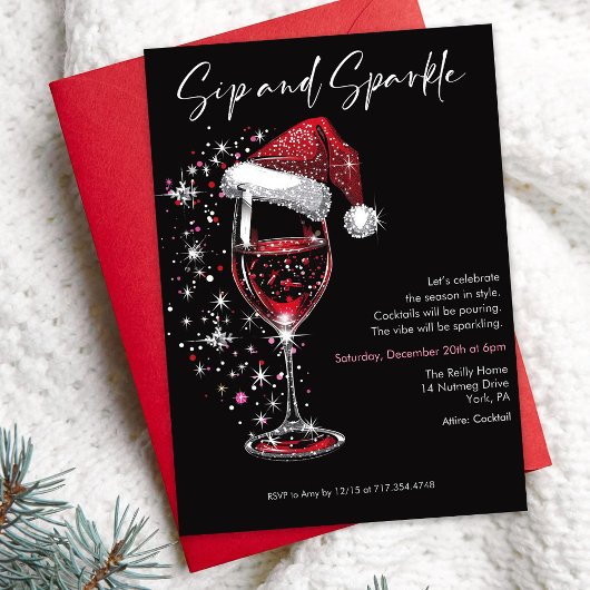Sip & Sparkle Holiday Cocktail Party Wine Glass 招待状