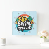 Sip、Swim、Repeat、Summer Timeおもしろいでのビーチ スクエア壁時計 (ホーム)