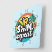 Sip、Swim、Repeat、Summer Timeおもしろいでのビーチ スクエア壁時計 (傾斜)