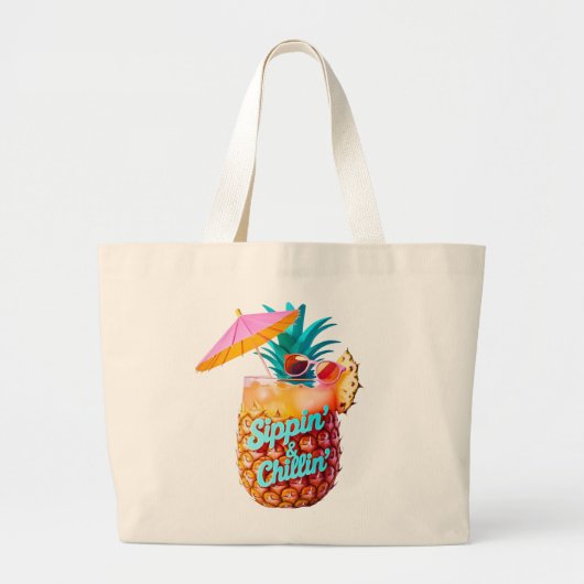 Sippin’ & Chillin’ Tropical Party Design ラージトートバッグ (正面)