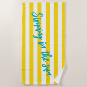 Sipping In The Sun Cute Yellow White Stripe Party ビーチタオル (正面)