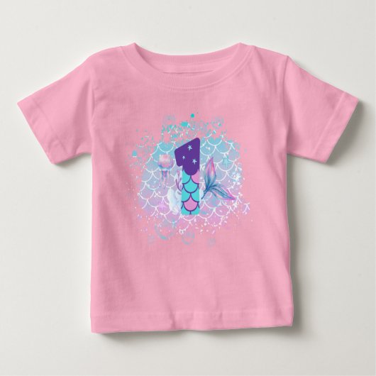 Sirenita con Número 1, Primer Cumpleaños Infantil ベビーTシャツ (正面)
