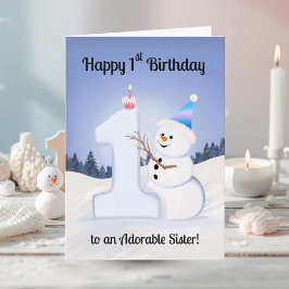 Sister Happy 1st Birthday Snowman Building カード