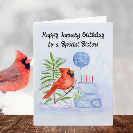 Sister Happy January Birthday Cardinal with Cake カード