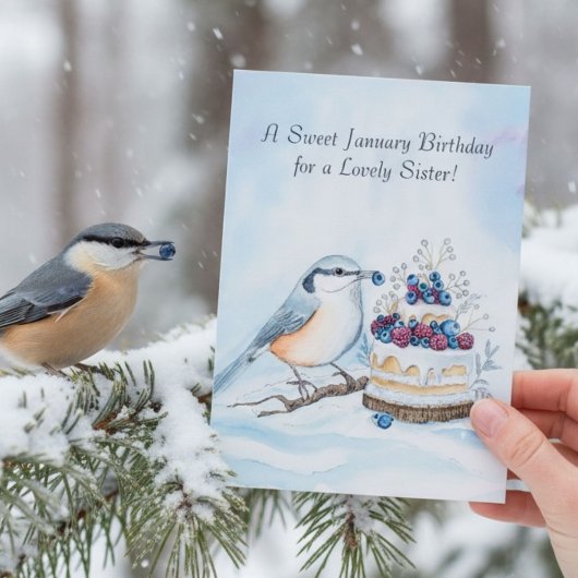 Sister Happy January Birthday Red Breasted Bird カード