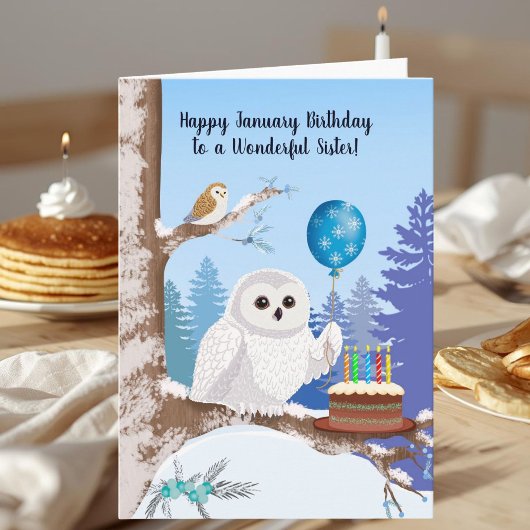 Sister Happy January Birthday Snowy Owl カード
