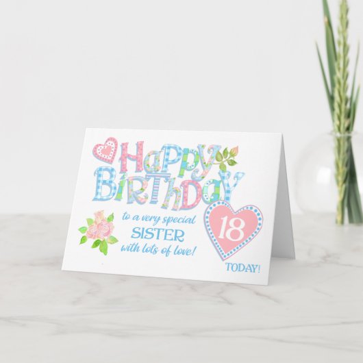 Sister's 18th Birthday Roses Hearts Word Art Card シーズンカード (正面)
