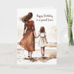 Sisters Beach Watercolor Painting カード<br><div class="desc">Big sister with little girl walking on the beach painting in watercolor effect for sister's birthday.</div>