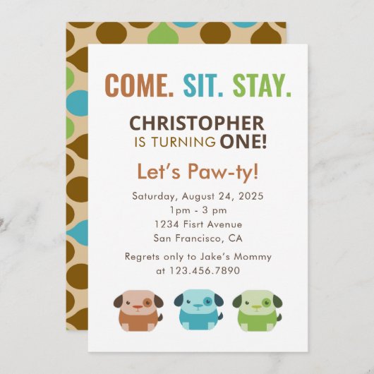 SIT 来 STAY DOG PUPPIES誕生日パーティー 招待状 (正面/裏面)