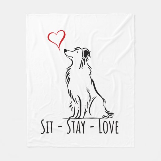 Sit-Stay-Love Border Collie フリースブランケット (正面)