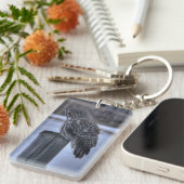 Siting 素晴らし Gray Owl - Fence Post Wildlife Photo キーホルダー (正面右)