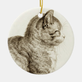 Sitting cat vintage sepia pencil drawing セラミックオーナメント