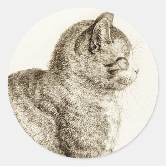 Sitting cat vintage sepia pencil drawing ラウンドシール (正面)