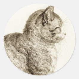 Sitting cat vintage sepia pencil drawing ラウンドシール