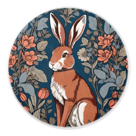 Sitting Hare William Morris Inspired Floral セラミックノブ (正面)