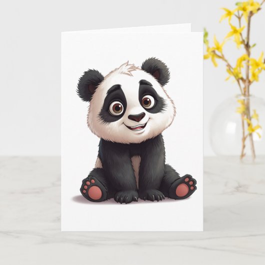 Sitting Panda Bear Cartoon Illustration Artwork カード (黄色い花)