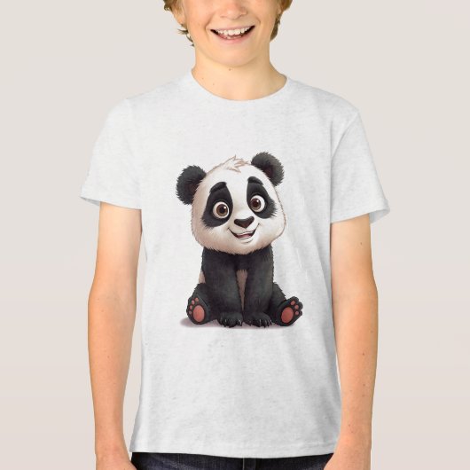 Sitting Panda Bear Cartoon Illustration Artwork トライブレンドTシャツ (正面)