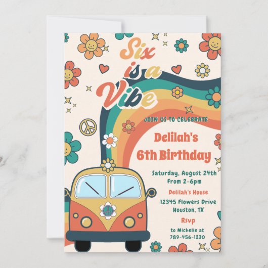 SixはVibe Groovyレトロフローラ6誕生日 招待状 (正面)