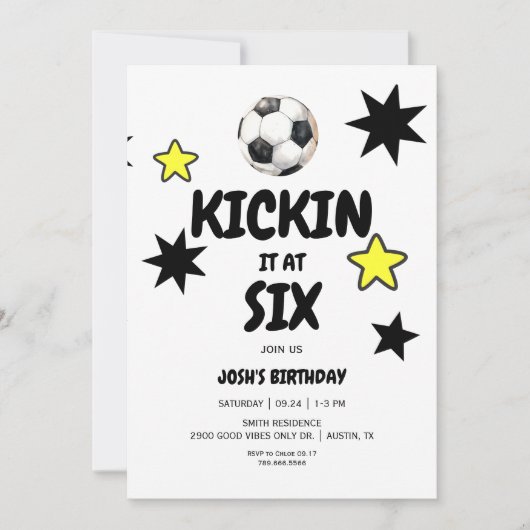 Sixサッカー6歳の誕生日パーティーでキックオフ 招待状 (正面)