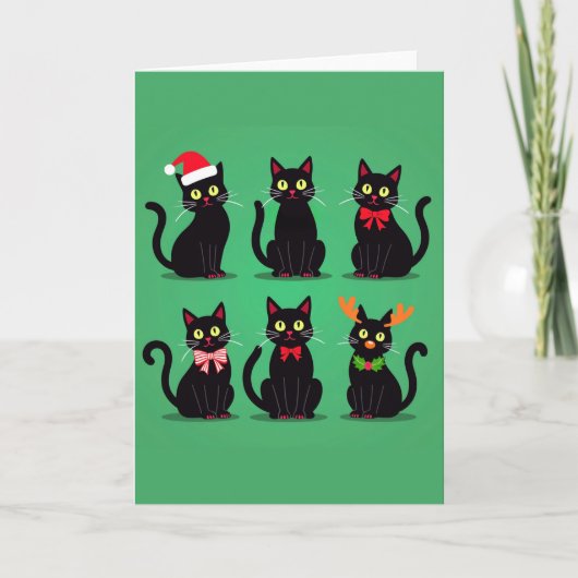 Six Black Cats Christmas Card Holiday Funny Pet カード (正面)