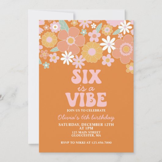 Six is a vibe グルービーなレトロフラワー 6歳の誕生日 招待状 (正面)