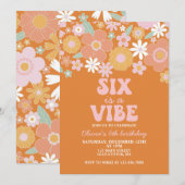 Six is a vibe グルービーなレトロフラワー 6歳の誕生日 招待状 (正面/裏面)