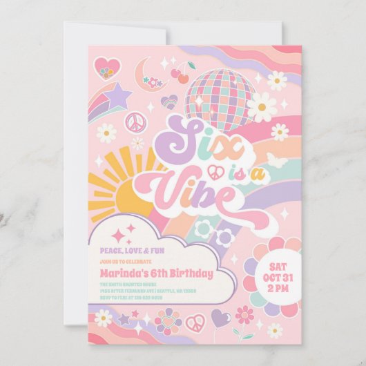 Six Is A Vibe Rainbow Disco Sun 6th Birthday 招待状 (正面)