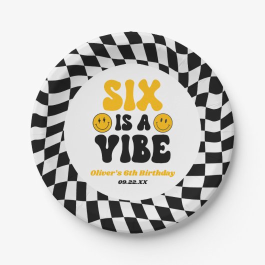 Six Is A Vibe Retro Sixth 6th Birthday Party ペーパープレート (正面)