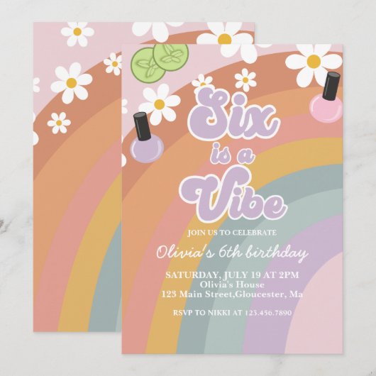 Six is a vibe Spa Rainbow 6歳の誕生日 招待状 (正面/裏面)