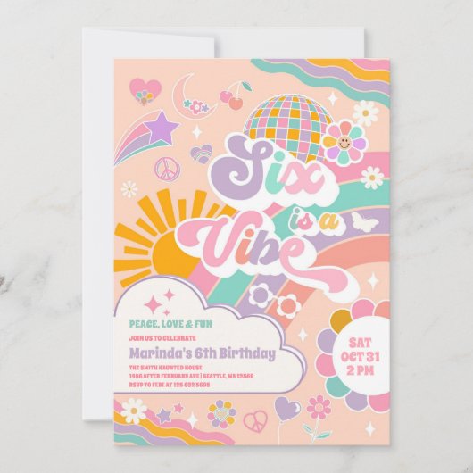 Six Is A Vibe Sun Rainbow Disco 6th Birthday 招待状 (正面)