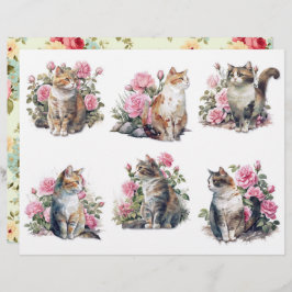 Six Pretty Watercolor Cats in a Bed of Pink Roses 