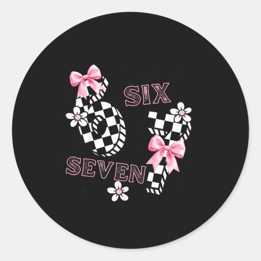 Six Seven 6 7 Checkered Cute Coquette Bow Girly 67 ラウンドシール (正面)