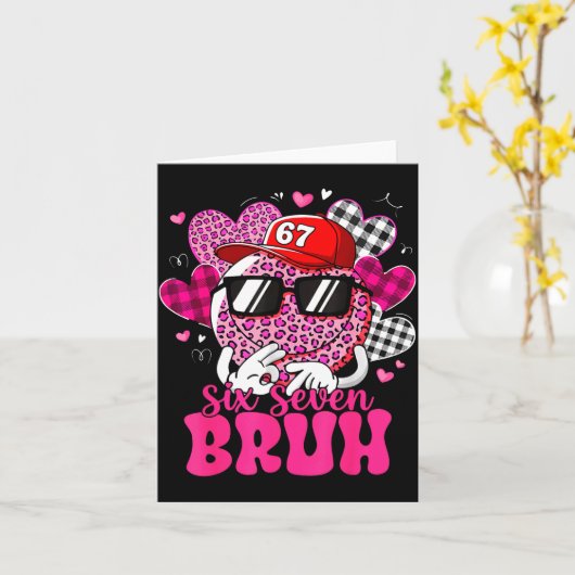 Six Seven Bruh 67 Meme Smile Face Valentines Day B カード (黄色い花)