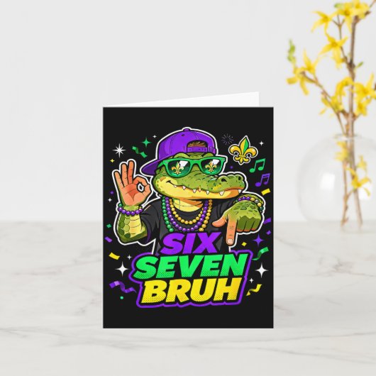 Six Seven Bruh Alligator Mardi Gras 67 Meme Quote  カード (黄色い花)