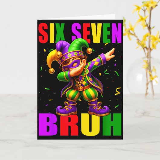 Six Seven Bruh Mardi Gras Jester Dab 6 7 Meme Fat  カード (黄色い花)