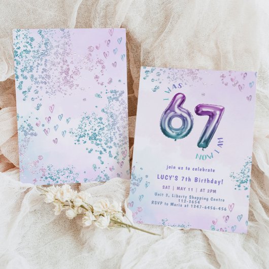 Six Seven trend Purple Kids 7th Birthday 招待状