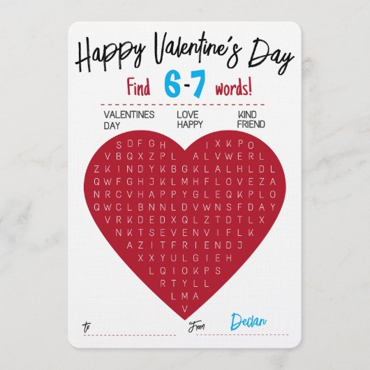 Six Seven Valentine Word Search Heart Exchange 招待状 (正面)
