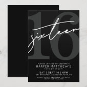 Sixteen Black  White 16th Birthday 招待状 (正面/裏面)