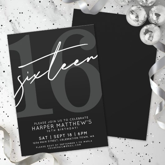 Sixteen Black  White 16th Birthday 招待状