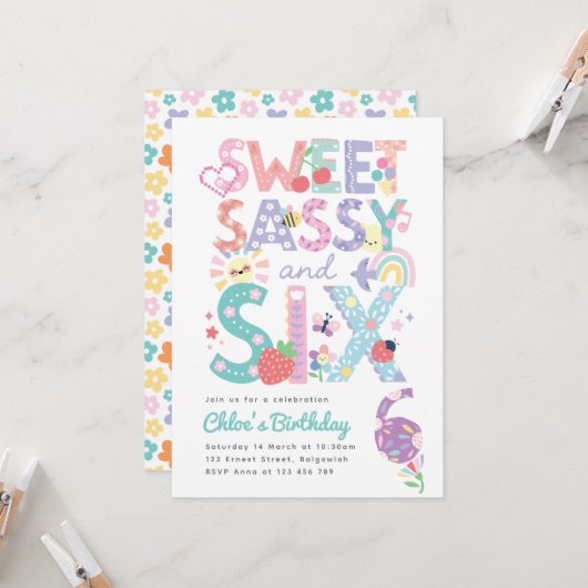 Sixth Birthday Invite Girl, Sweet Sassy Six 招待状 (正面/裏面インサイチュ)