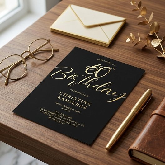 Sixtieth Birthday Party Black And Gold Photo  箔招待状
