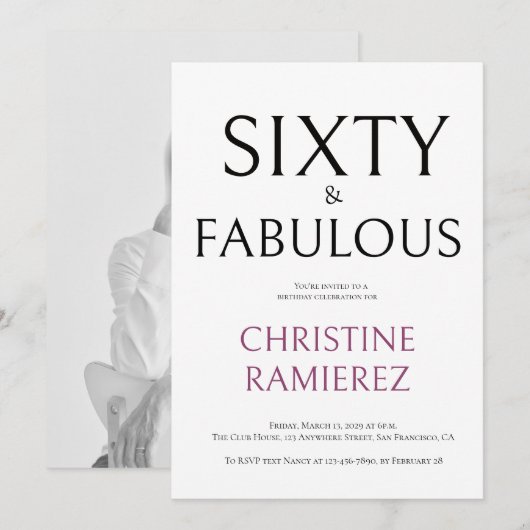 Sixtieth Birthday Party Invitation White Photo 招待状 (正面/裏面)
