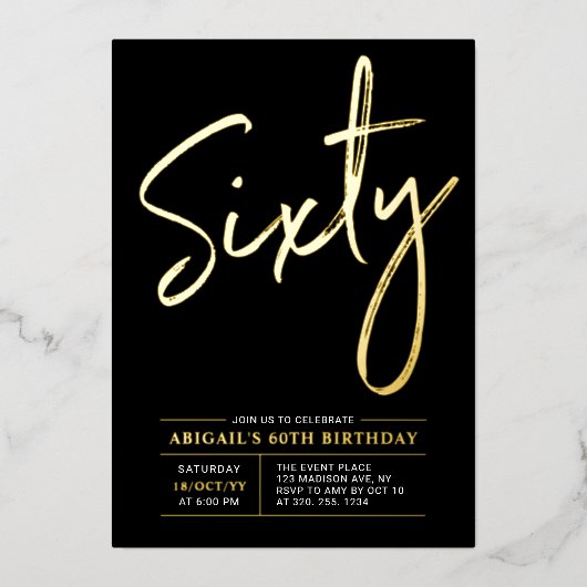 Sixty | モダン ゴールド&ブラック 60歳の誕生日パーティー 箔招待状 (正面)