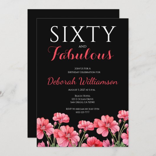 Sixty and Fabulous Black Pink 60th Birthday  招待状 (正面/裏面)